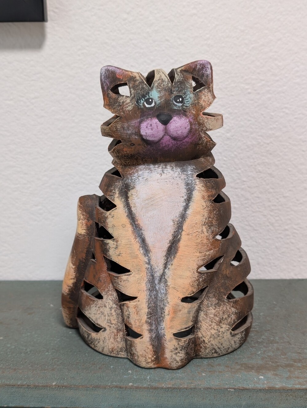Ceramic Art Pottery Hand Painted Cat Figurine Statue Candle Votive Luminary 9"